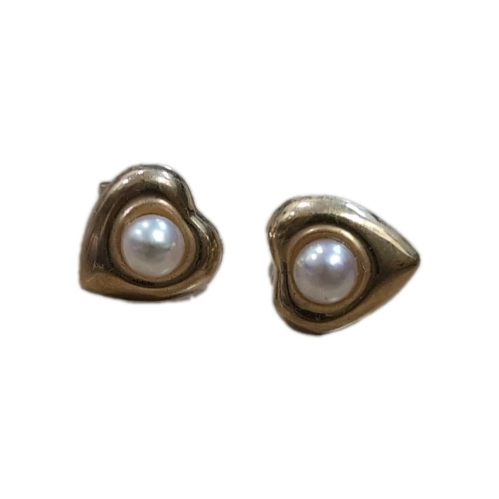 Vintage 1990s 14K Gold Cultured  Pearl Heart Earrings In Box - Picture 3 of 13
